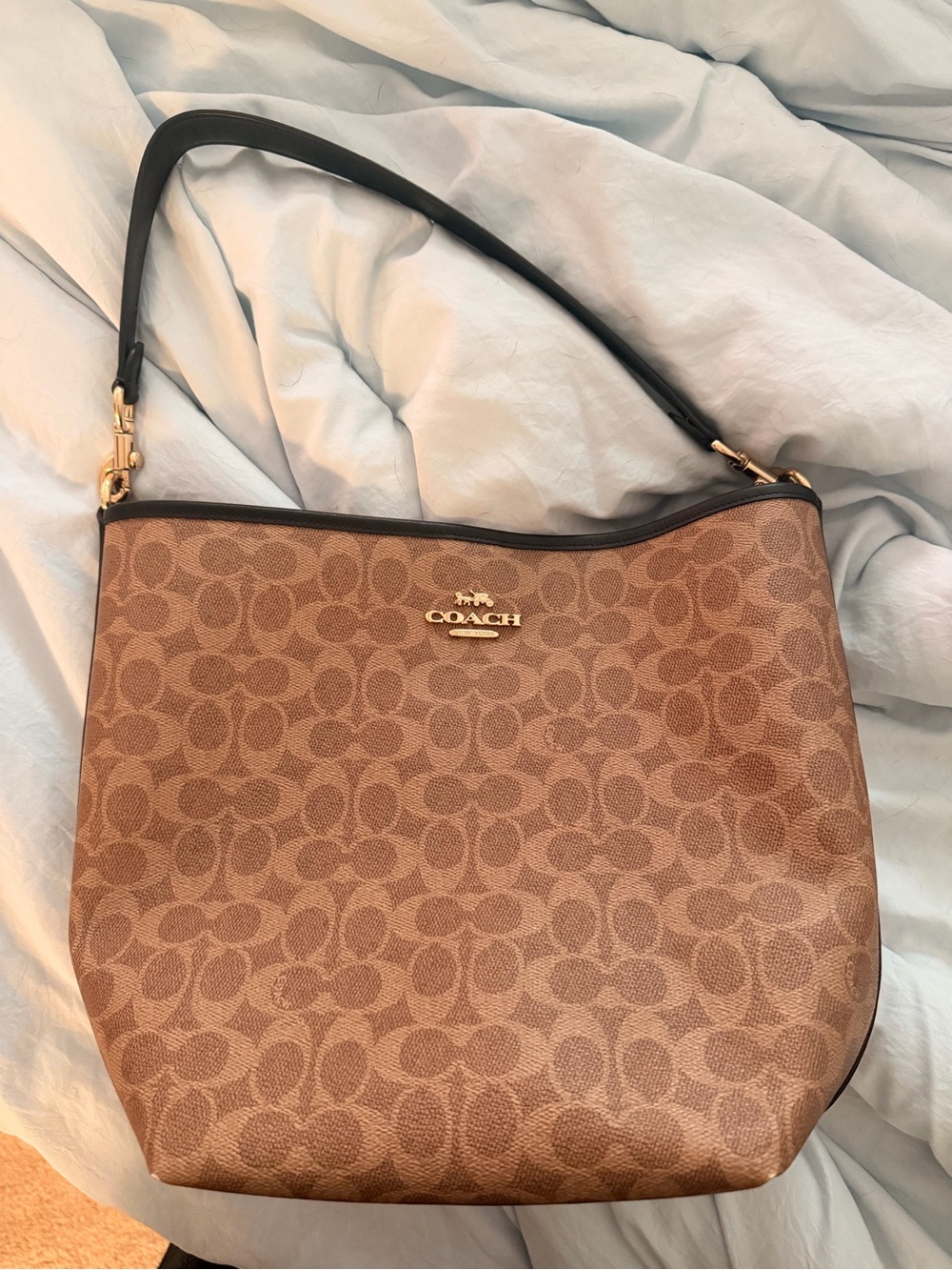 Coach Tan Signature Hobo Shoulder Bag with Black Strap